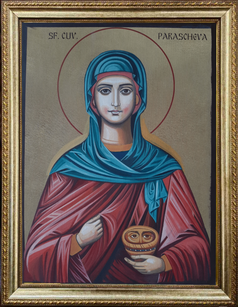 Religious icon of Holy Martyr Parascheva holding a cross and scroll, Eastern Orthodox Christian wall art