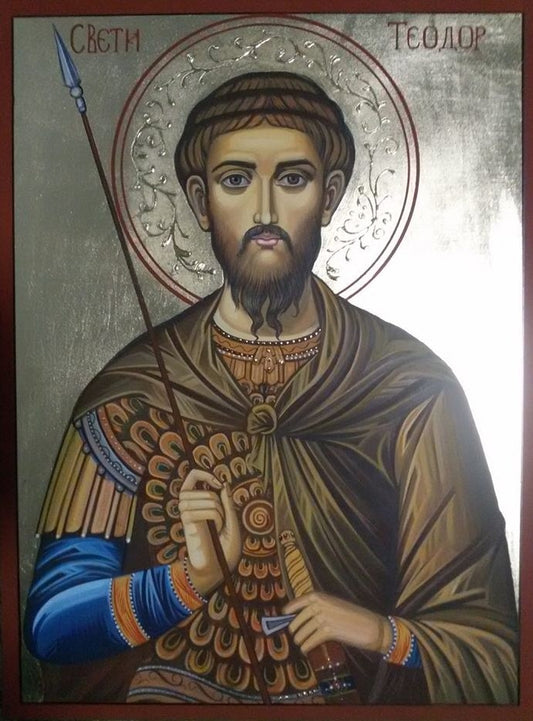 Orthodox icon of Saint Theodore Tyro the Great Martyr – hand-painted Byzantine Christian art on gold background
