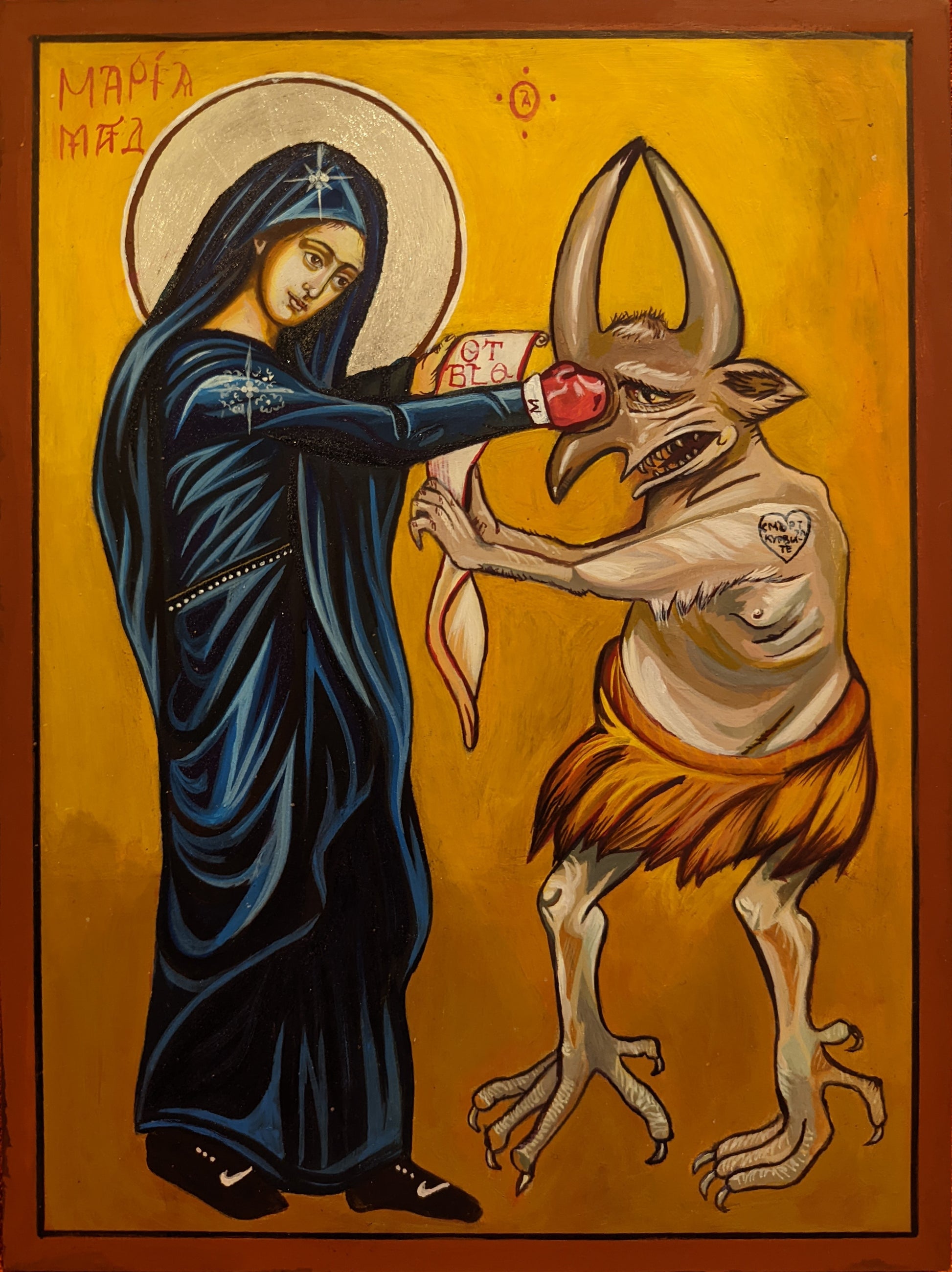 Handcrafted Hail Mary icon in 13th-century Byzantine style with bold ‘Punch the Devil in the Face’ inscription – religious art symbolizing grace and spiritual strength.