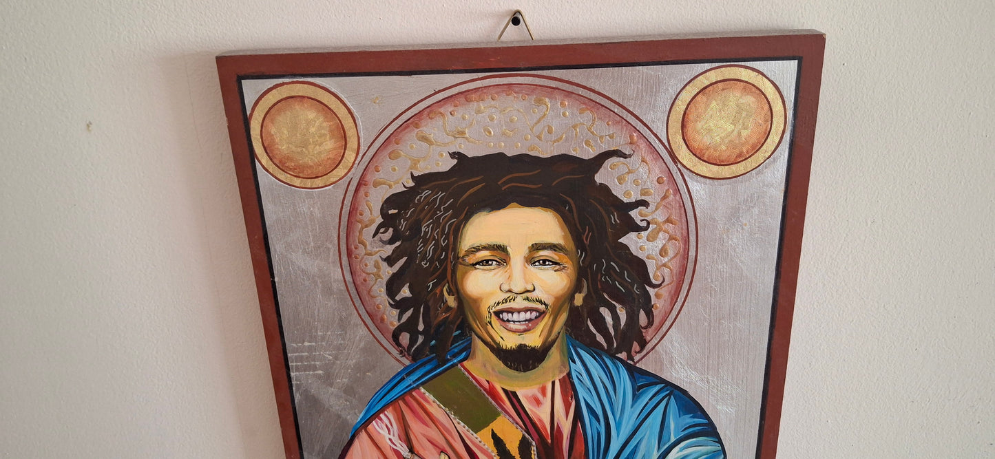 Bob Marley as an icon of spiritual exile, halo replaced with a smoky eclipse, and his chest open to reveal a fading lion of Judah
