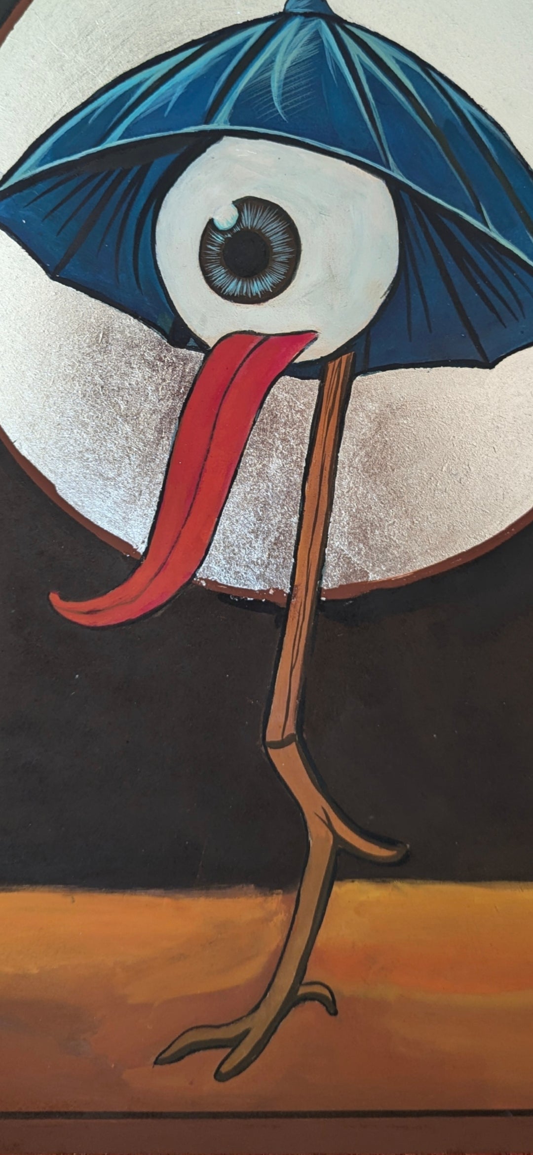 Icon of Kasa Obake — a Japanese umbrella yokai with a silver halo, single wide eye, and playful tongue, painted in Orthodox icon style by Blo Kirilov.
