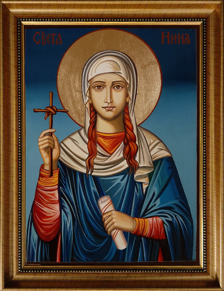 Byzantine-style icon of Saint Nino of Cappadocia with cross and scroll