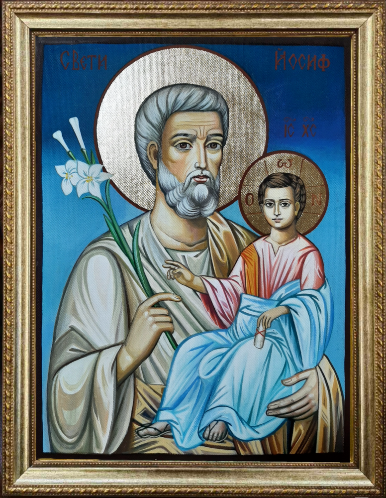 Handmade wooden icon of Saint Joseph and the Christ Child