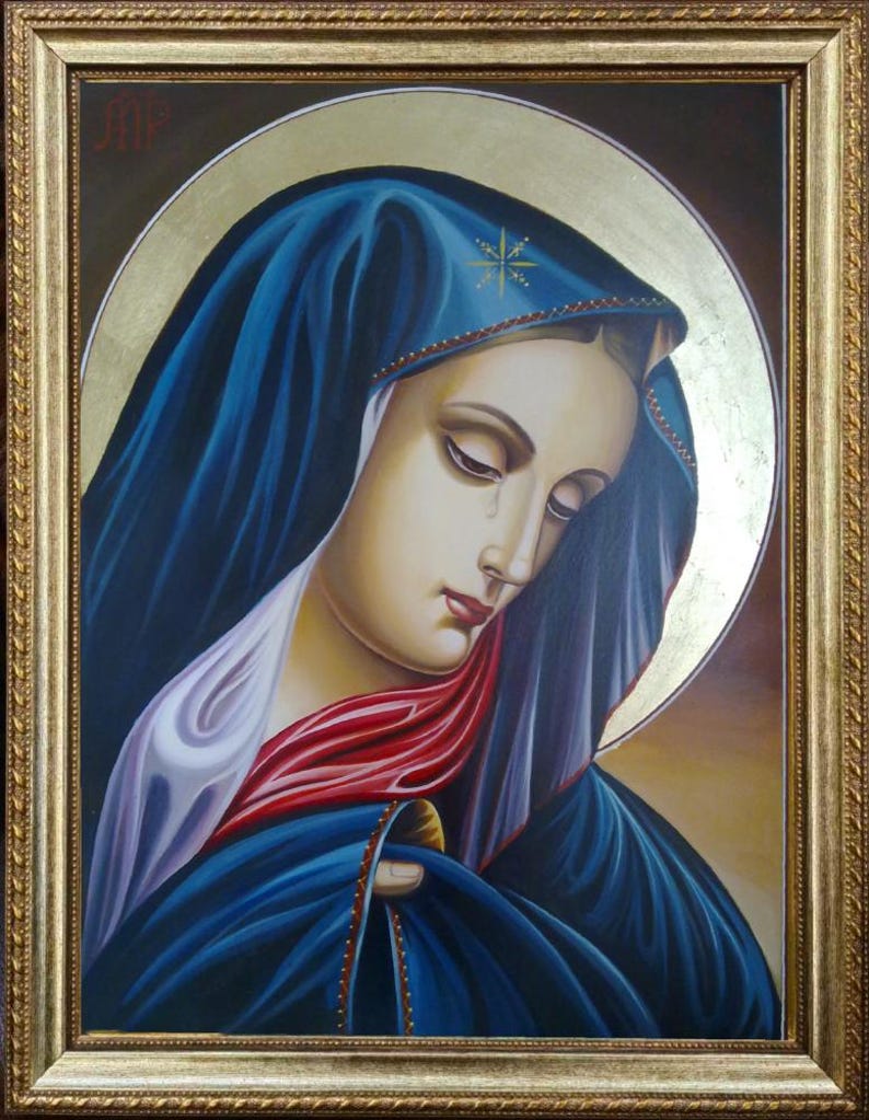 Hand-painted religious icon of the Blessed Mother from the Lazarella school with traditional Orthodox design
