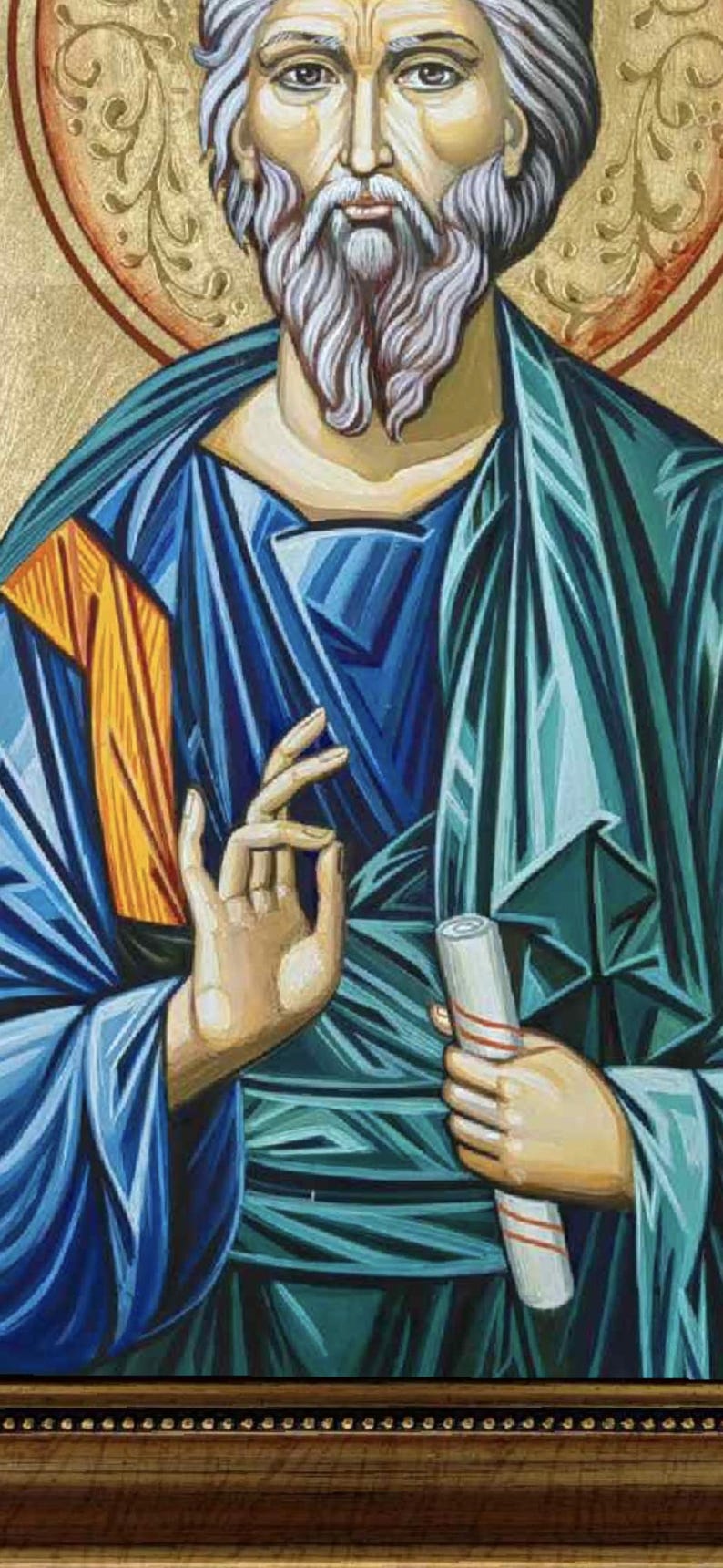 Orthodox saint icon print – Saint Andrew of Crete with Gospel book, symbol of repentance and liturgical wisdom