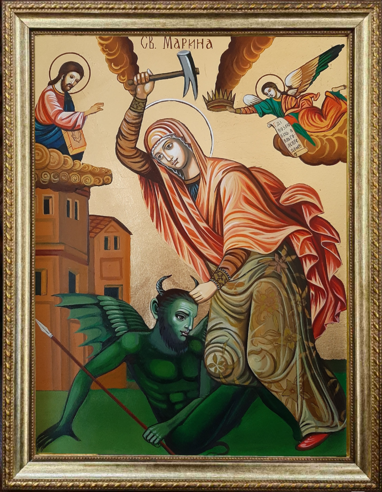 Devotional icon of a female Christian saint displayed on a wooden background.