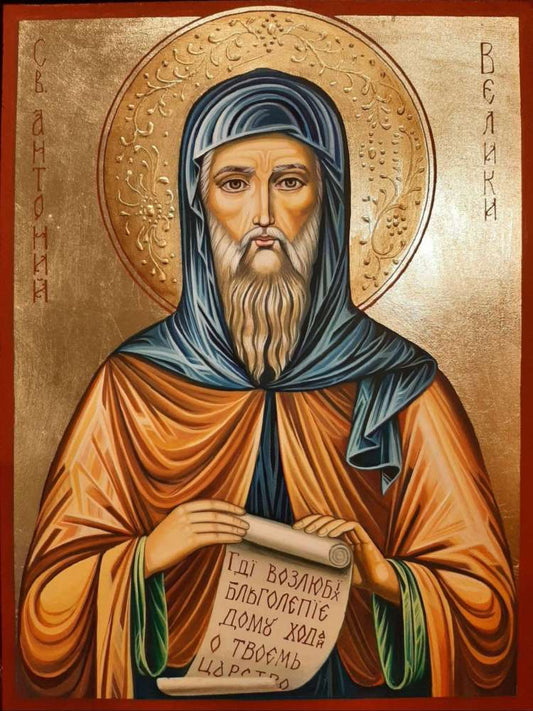 Orthodox icon of St. Anthony the Great, hand-painted with traditional monastic details.