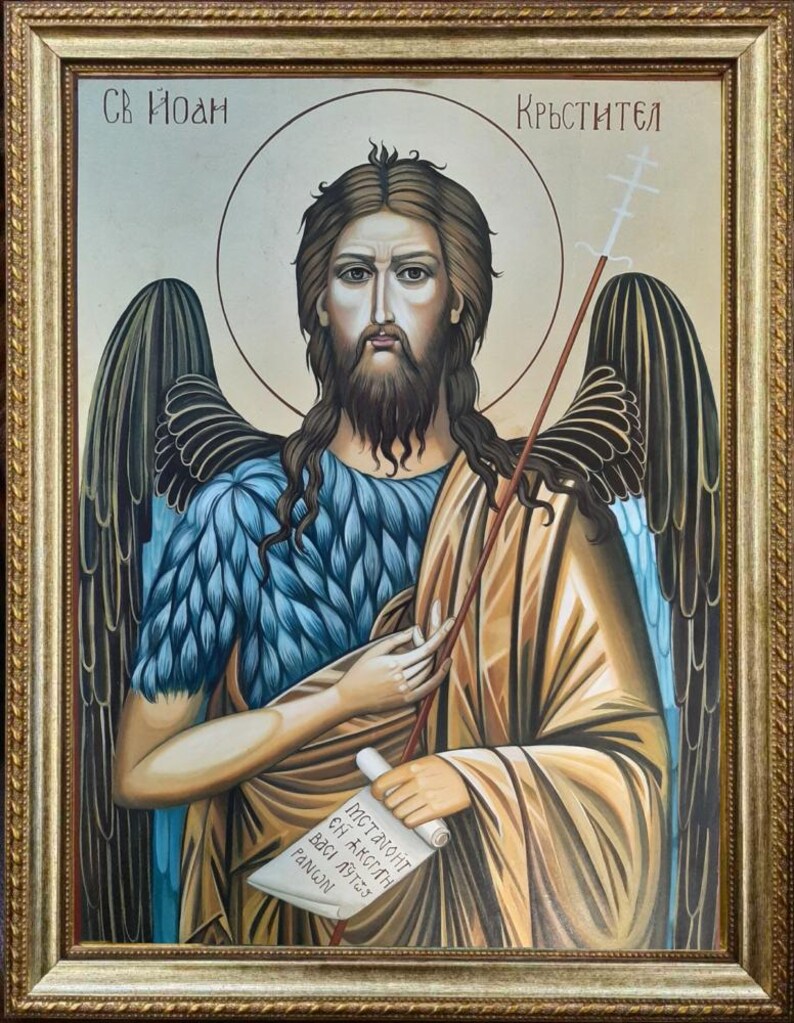 Byzantine icon of the Holy Prophet John the Forerunner holding a scroll and chalice