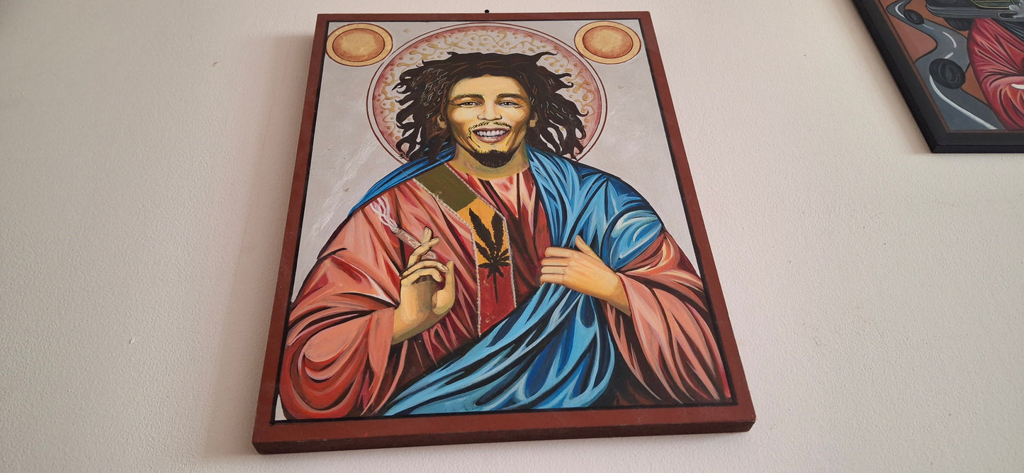 Iconic reinterpretation of Bob Marley with bleeding reggae colors, pierced by broken guitar strings and crowned by a thorny laurel of dreadlocks