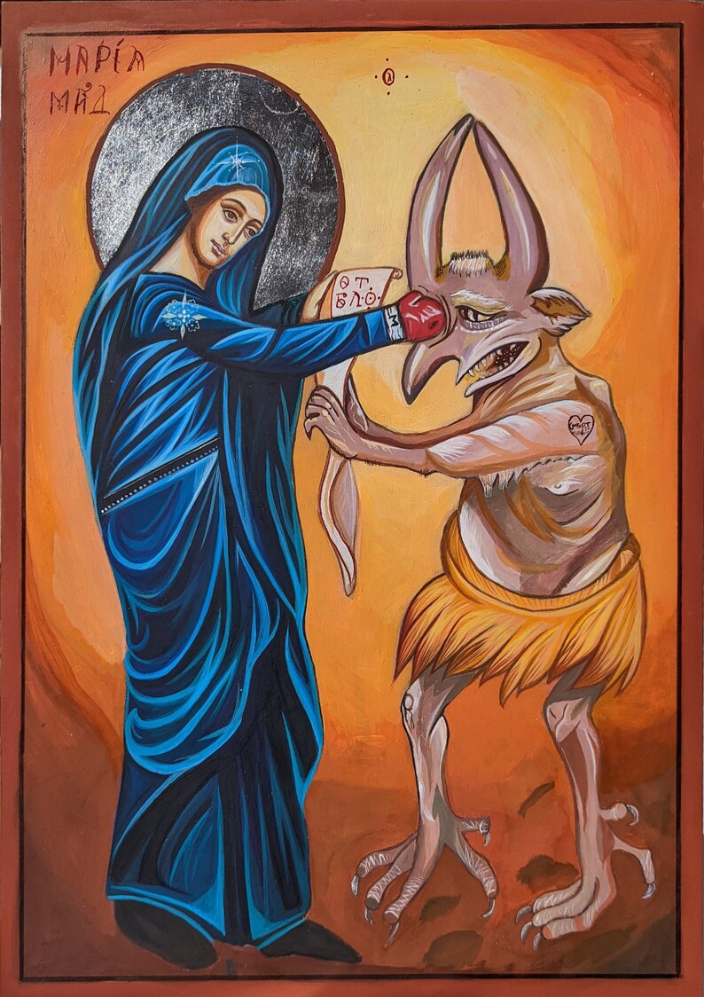 Medieval-style Hail Mary icon with modern spiritual message.
