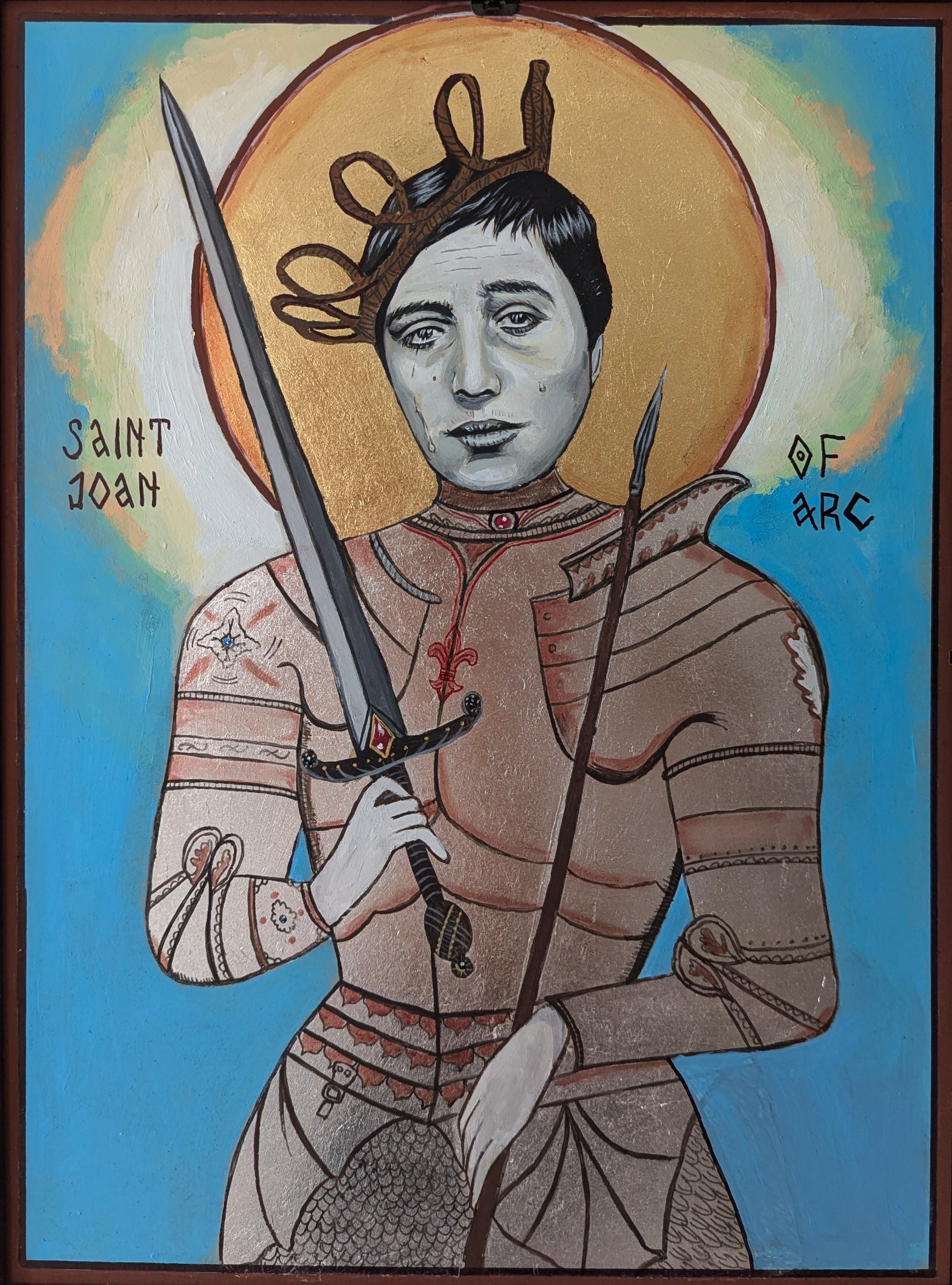 Hand-painted Joan of Arc icon featuring expressive Falconetti-inspired face, radiant gold leaf halo, silver medieval armor, and surreal Orthodox symbolism on wooden panel