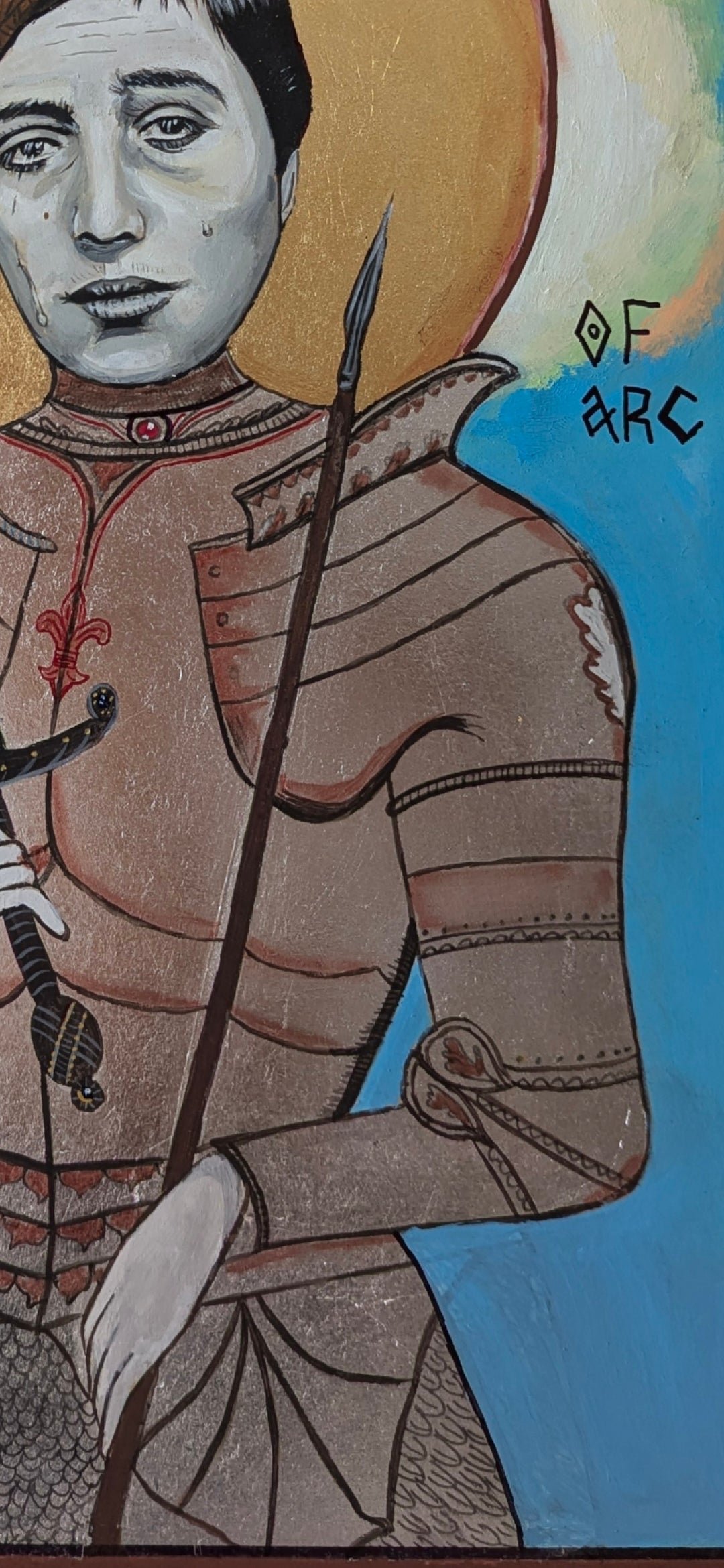 Artistic representation of Joan of Arc as visionary martyr, combining spiritual iconography, gold and silver contrast, and contemporary sacred art elements
