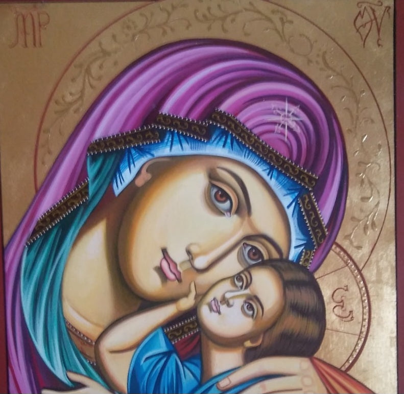 Sacred image of Theotokos and Christ in classic Byzantine style – hand-painted devotional icon