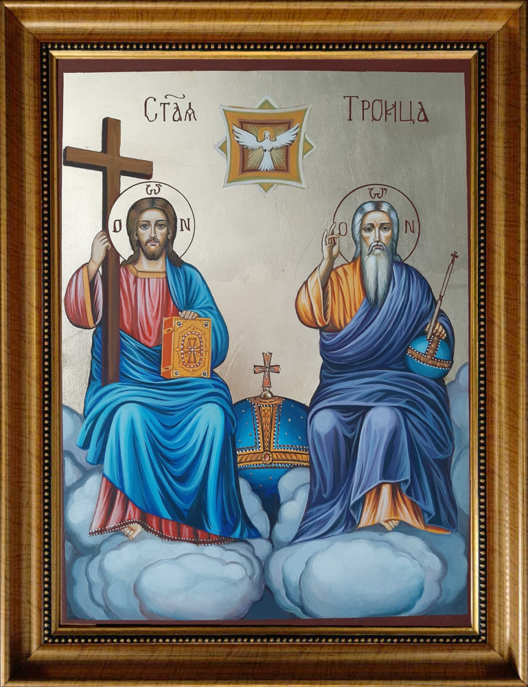 Christian wall art showing God the Father, Jesus Christ, and the Holy Spirit in unity.