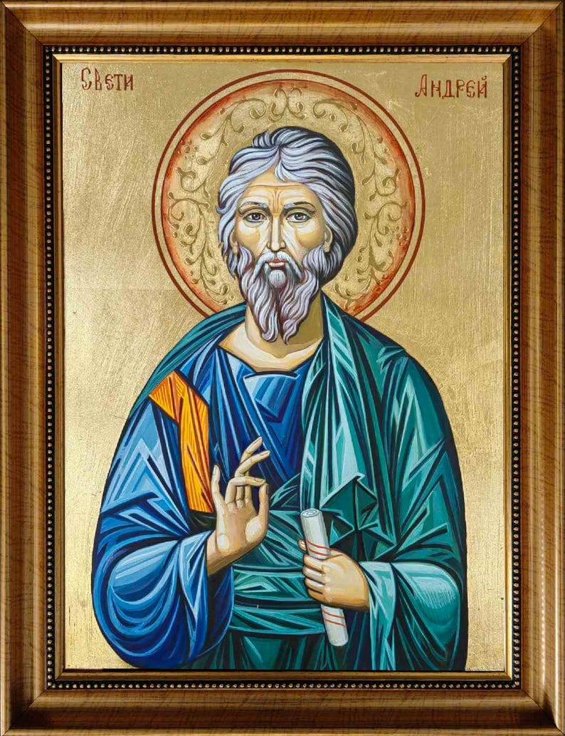 Hand-painted Eastern Orthodox icon of Saint Andrew the Hymnographer with golden halo and sacred text