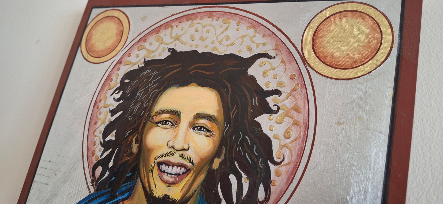 Bob Marley portrayed as a divine rebel in a cracked icon frame, his face fading into clouds of ganja smoke and electric echoes