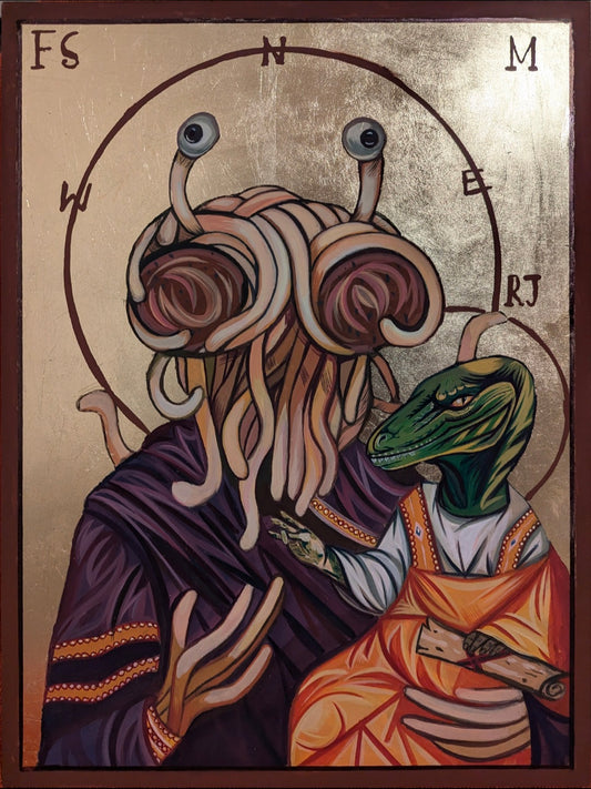 Photograph of a handmade Pastafarian icon featuring the Flying Spaghetti Monster with golden halo and flowing pasta tendrils, painted in a parody of traditional religious iconography.”