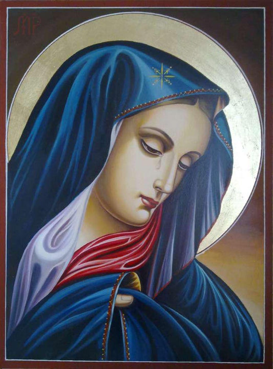 Orthodox icon of the Weeping Virgin Mary with embossed gold detailing and tempera painting on wood