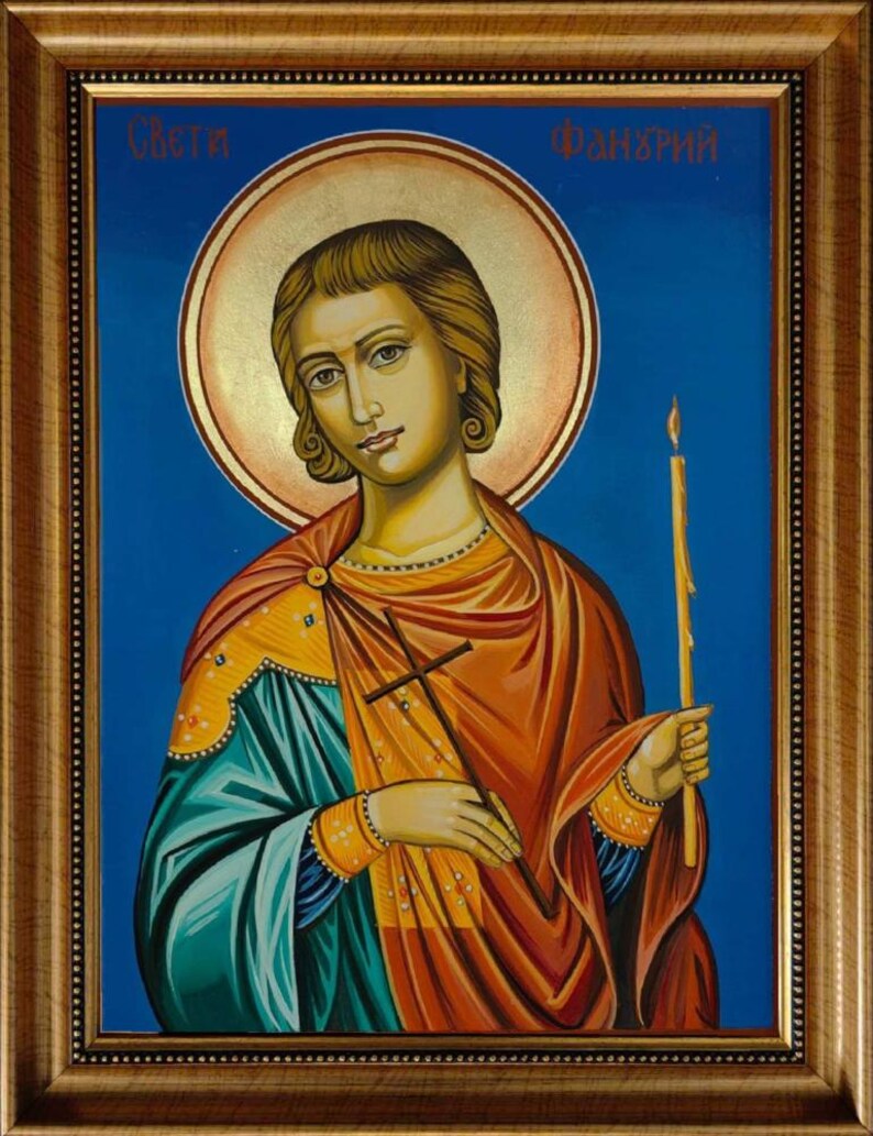 Sacred artwork of Saint Phanourios holding a cross and candle in frontal pose