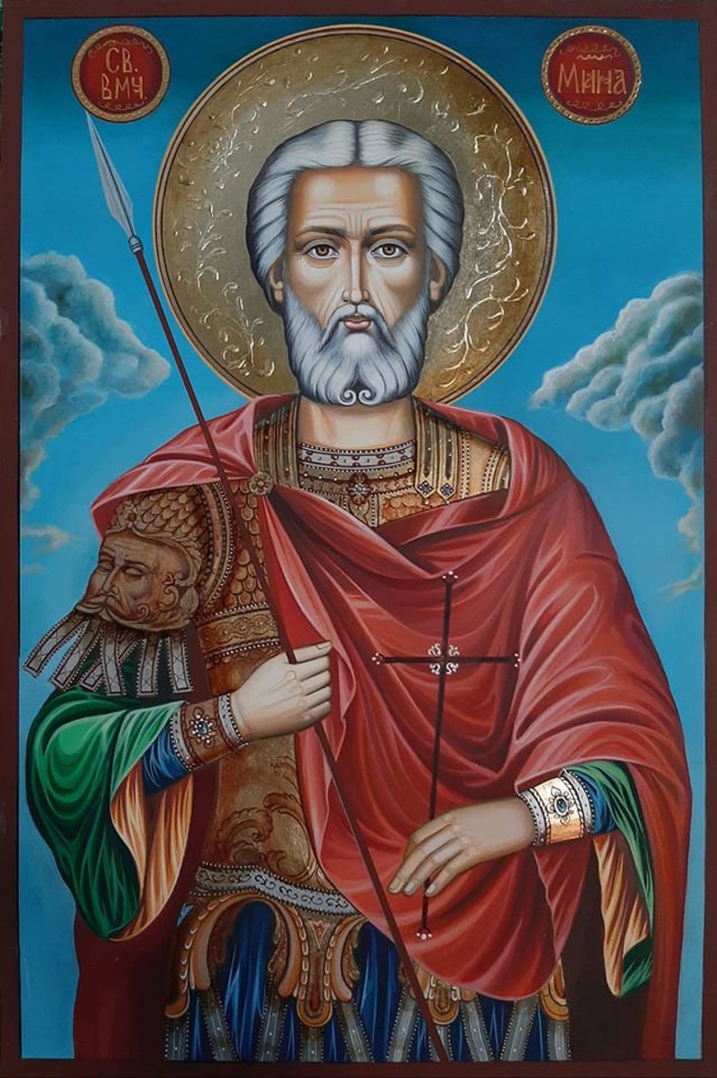 Handmade Saint Mina icon on solid wood panel in Orthodox Christian style