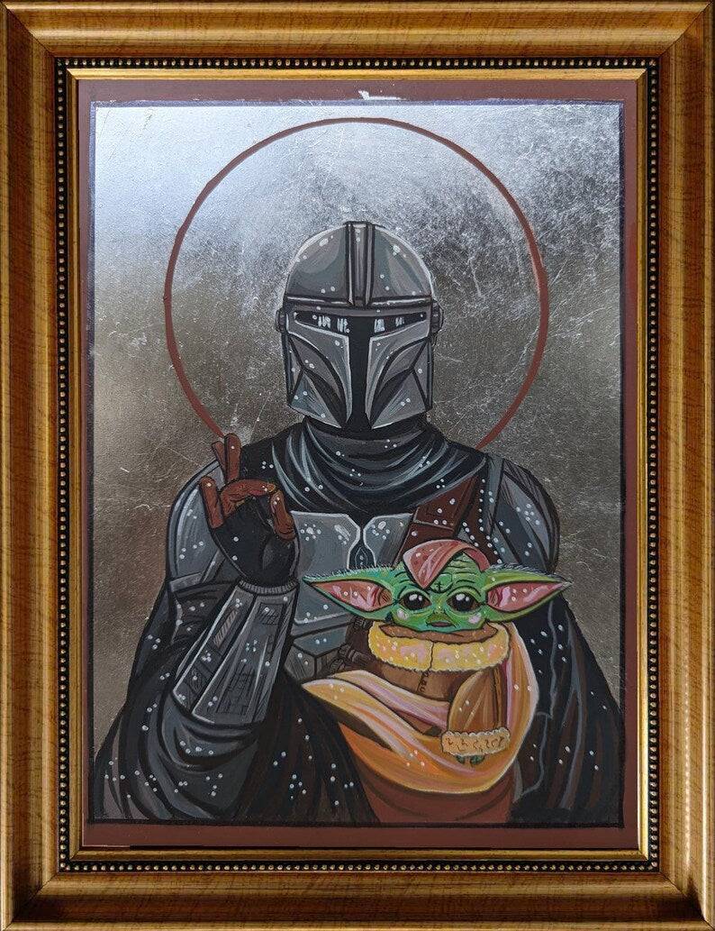 Star Wars sacred art icon featuring Din Djarin and Baby Yoda with gold halo accents